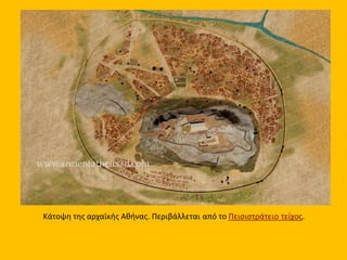 Κάτοψη της αρχαϊκής Αθήνας. Περιβάλλεται από το Πεισιστράτειο τείχος.
 