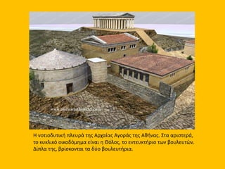 Η νοτιοδυτική πλευρά της Αρχαίας Αγοράς της Αθήνας. Στα αριστερά,
το κυκλικό οικοδόμημα είναι η Θόλος, το εντευκτήριο των βουλευτών.
Δίπλα της, βρίσκονται τα δύο βουλευτήρια.
 