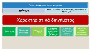 Λογοτεχνική ταυτότητα κειμένου
Διήγημα
Ανήκει στο είδος της φανταστικής λογοτεχνίας με
ήρωες ζώα
Χαρακτηριστικά διηγήματος
Συντομία
Νοηματική
πυκνότητα Πλοκή
Κεντρικό
πρόσωπο
(λύκος)
Ο δραματικός
ήρωας στο κέντρο
ενός επεισοδίου
(ανελέητη
καταδίωξη λύκου)
Κλιμάκωση
δράσης
(περιγραφική,
συναισθηματική)
 