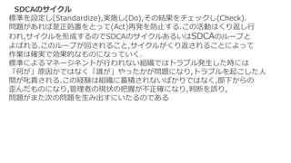 SDCAΥ
˜ʤO(Standardize),gʩ(Do),νYå(Check).
}IäȤä(Act)ٰkֹ.λӤϤ귵
,γɤΤSDCAΥ뤢뤤SDCAΥ`פ
Ѥ.Υ`פؤ뤳,뤬귵뤳Ȥˤä
Iϴ_gǄĤʤΤˤʤäƤ.
˜ʤˤޥͩ`ͥȤФʤMǤϥȥ֥krˤ
Τԭ򤫤ǤϤʤlä}ˤʤ,ȥ֥𤳤
g߳؟.νUYϽMeʤФǤϤʤ,¤
Τˤʤ,ߤάF״ΰդ_ˤʤ,жϤ`,
}ޤΤΆ}߳ˤΤǤ
 