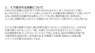 １．くり返される活動について
われわれの活動は1回かぎりで終わるものは少なく,多くのものはくり返し
おこなわれる.ここでいうくり返しとは必ずしも活動全体の単純なくり返しだけで
はない具体的な活動内容は異なっていても,同じ要素作業,同じ手順,同じ...