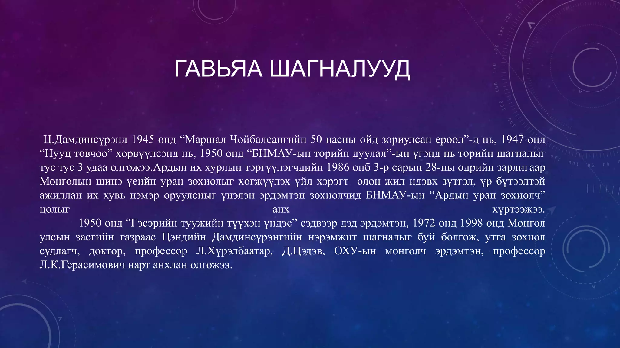 ГАВЬЯА ШАГНАЛУУД
Ц.Дамдинсүрэнд 1945 онд “Маршал Чойбалсангийн 50 насны ойд зориулсан ерөөл”-д нь, 1947 онд
“Нууц товчоо” хөрвүүлсэнд нь, 1950 онд “БНМАУ-ын төрийн дуулал”-ын үгэнд нь төрийн шагналыг
тус тус 3 удаа олгожээ.Ардын их хурлын тэргүүлэгчдийн 1986 онб 3-р сарын 28-ны өдрийн зарлигаар
Монголын шинэ үеийн уран зохиолыг хөгжүүлэх үйл хэрэгт олон жил идэвх зүтгэл, үр бүтээлтэй
ажиллан их хувь нэмэр оруулсныг үнэлэн эрдэмтэн зохиолчид БНМАУ-ын “Ардын уран зохиолч”
цолыг анх хүртээжээ.
1950 онд “Гэсэрийн туужийн түүхэн үндэс” сэдвээр дэд эрдэмтэн, 1972 онд 1998 онд Монгол
улсын засгийн газраас Цэндийн Дамдинсүрэнгийн нэрэмжит шагналыг буй болгож, утга зохиол
судлагч, доктор, профессор Л.Хүрэлбаатар, Д.Цэдэв, ОХУ-ын монголч эрдэмтэн, профессор
Л.К.Герасимович нарт анхлан олгожээ.
 