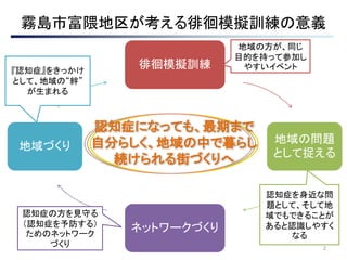霧島市富隈地区が考える徘徊模擬訓練の意義
2
徘徊模擬訓練
地域の問題
として捉える
ネットワークづくり
地域づくり
認知症になっても、最期まで
自分らしく、地域の中で暮らし
続けられる街づくりへ
地域の方が、同じ
目的を持って参加し
やすいイベント
認知症を身近な問
題として、そして地
域でもできることが
あると認識しやすく
なる
認知症の方を見守る
（認知症を予防する）
ためのネットワーク
づくり
『認知症』をきっかけ
として、地域の“絆”
が生まれる
 