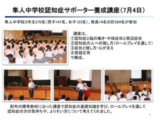 8
講座は、
①認知症と脳の働き・中核症状と周辺症状
②認知症の人への接し方（ロールプレイを通して）
③症状と接し方・心がまえ
④質疑応答
で構成。
配布の標準教材に沿った講座で認知症の基礎知識を学び、ロールプレイを通して
認知症の方の気持ちや、よりそい方について考えてくれました。
隼人中学校３年生270名（男子147名、女子123名）、教員14名の計284名が参加
 