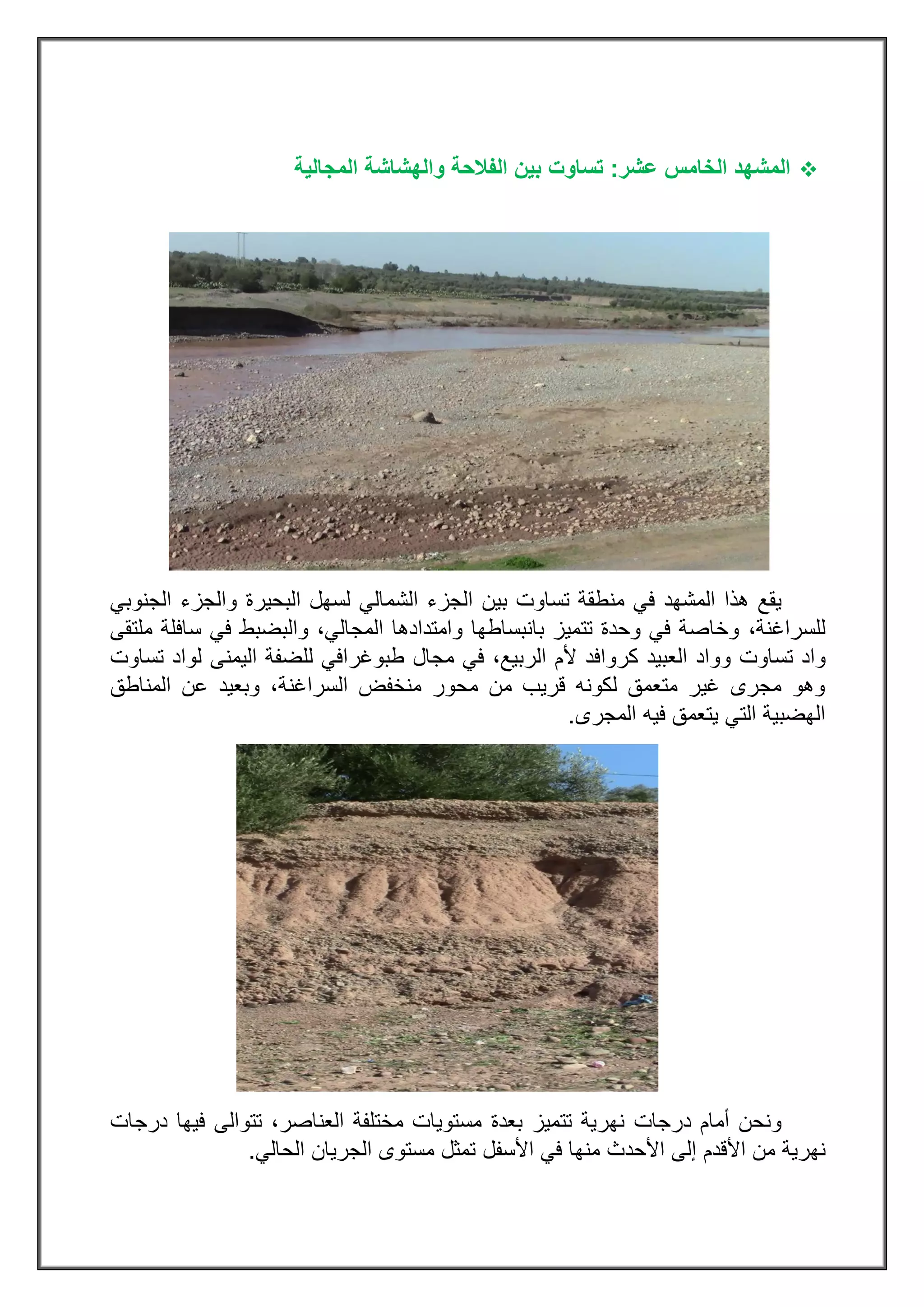 ‫ال‬‫عشر‬ ‫الخامس‬ ‫مشهد‬:‫تساوت‬‫المجالية‬ ‫والهشاشة‬ ‫الفالحة‬ ‫بين‬
‫المشهد‬ ‫هذا‬ ‫يقع‬‫تساوت‬ ‫منطقة‬ ‫في‬‫بين‬‫الشمالي‬ ‫الجزء‬‫ل‬‫البحيرة‬ ‫سهل‬‫الجنوبي‬ ‫والجزء‬
،‫للسراغنة‬‫ملتقى‬ ‫سافلة‬ ‫في‬ ‫والبضبط‬ ،‫المجالي‬ ‫وامتدادها‬ ‫بانبساطها‬ ‫تتميز‬ ‫وحدة‬ ‫في‬ ‫وخاصة‬
‫تساوت‬ ‫واد‬‫العبي‬ ‫وواد‬‫ألم‬ ‫كروافد‬ ‫د‬‫مجال‬ ‫في‬ ،‫الربيع‬‫ل‬ ‫طبوغرافي‬‫ل‬‫تساوت‬ ‫لواد‬ ‫اليمنى‬ ‫ضفة‬
‫السراغنة‬ ‫منخفض‬ ‫محور‬ ‫من‬ ‫قريب‬ ‫لكونه‬ ‫متعمق‬ ‫غير‬ ‫مجرى‬ ‫وهو‬‫المناطق‬ ‫عن‬ ‫وبعيد‬ ،
‫المجرى‬ ‫فيه‬ ‫يتعمق‬ ‫التي‬ ‫الهضبية‬.
‫درجات‬ ‫أمام‬ ‫ونحن‬‫بعدة‬ ‫تتميز‬ ‫نهرية‬‫درجات‬ ‫فيها‬ ‫تتوالى‬ ،‫العناصر‬ ‫مختلفة‬ ‫مستويات‬
‫األقدم‬ ‫من‬ ‫نهرية‬‫األسفل‬ ‫في‬ ‫منها‬ ‫األحدث‬ ‫إلى‬‫الحالي‬ ‫الجريان‬ ‫مستوى‬ ‫تمثل‬.
 