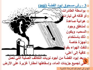 3-‫مسحوق‬ ‫رش‬‫إيود‬‫الفضة‬(agj)
،‫الطائرات‬ ‫بواسطة‬
‫في‬ ‫قذفه‬ ‫أو‬‫تي‬‫ا‬‫رات‬
‫صاعدة‬ ‫هوائية‬
‫وجود‬ ‫لمناطق‬
‫ويكون‬ ،‫السحب‬
‫باستخدام‬ ‫ذلك‬
‫خاصة‬ ‫أجهزة‬
‫بقوة‬ ‫الهواء‬ ‫لنفث‬
،‫أعلى‬ ‫إلى‬ ‫كافية‬
‫ويعد‬‫إيود‬‫أجود‬ ‫من‬ ‫الفضة‬‫نويات‬‫تع‬ ‫التي‬ ‫الصلبة‬ ‫التكاثف‬‫مل‬
‫األرض‬ ‫على‬ ‫غزيرة‬ ً‫ا‬‫أمطار‬ ‫وإسقاطها‬ ،‫الماء‬ ‫جزيئات‬ ‫تجميع‬ ‫على‬5
‫الثانوية‬ ‫للمرحلة‬ ‫الجغرافيا‬ ‫فى‬ ‫الهدى‬
 