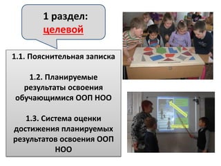 1 раздел:
целевой
1.1. Пояснительная записка
1.2. Планируемые
результаты освоения
обучающимися ООП НОО
1.3. Система оценки
достижения планируемых
результатов освоения ООП
НОО
 