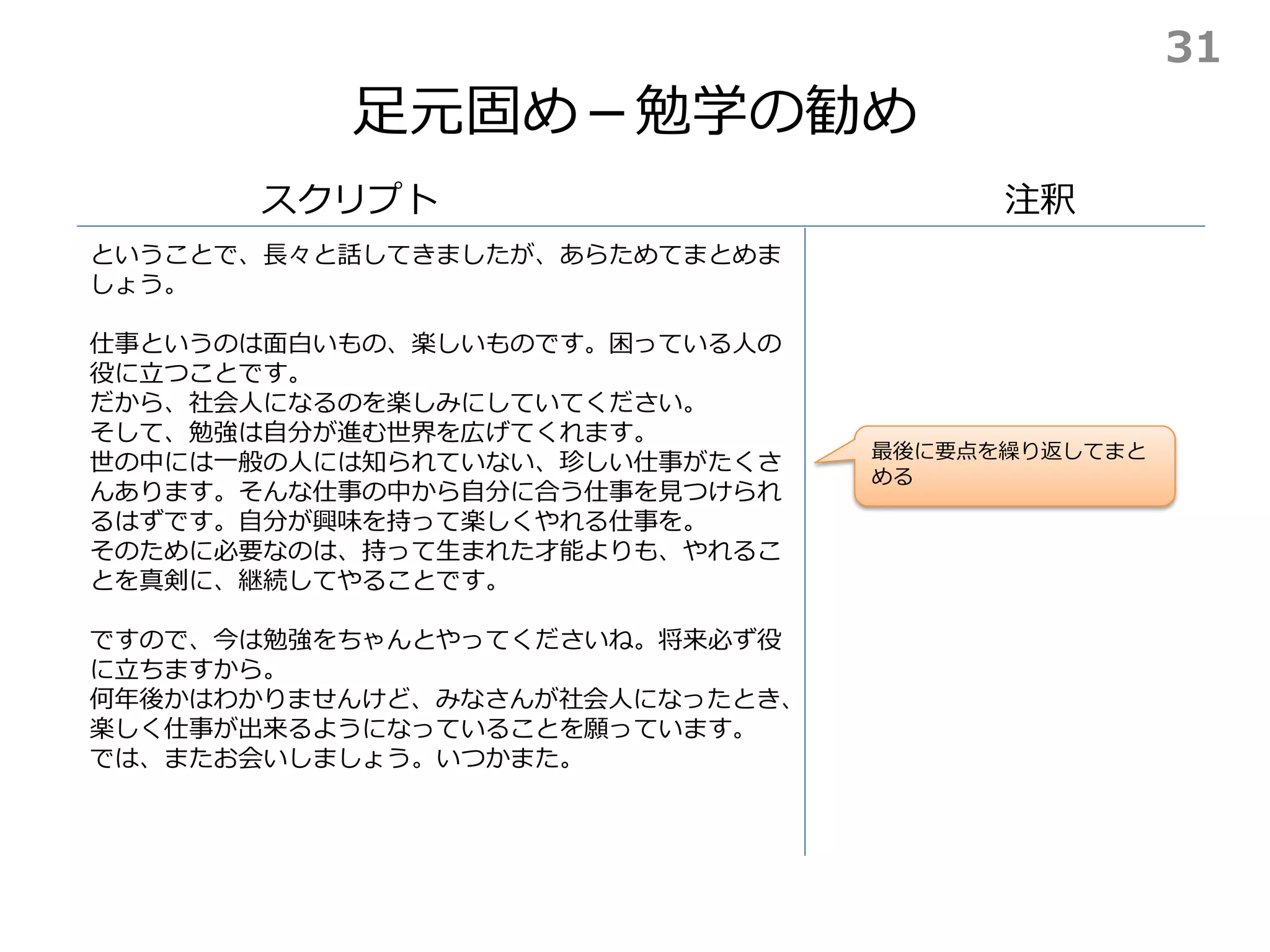 総まとめ
スクリプト 注釈
最後に要点を繰り返してまと
める
ということで、長々と話してきましたが、あらためてまとめま
しょう。
仕事というのは面白いもの、楽しいものです。困っている人の
役に立つことです。
だから、社会人になるのを楽しみにしていてください。
そして、勉強は自分が進む世界を広げてくれます。
世の中には一般の人には知られていない、珍しい仕事がたくさ
んあります。そんな仕事の中から自分に合う仕事を見つけられ
るはずです。自分が興味を持って楽しくやれる仕事を。
そのために必要なのは、持って生まれた才能よりも、やれるこ
とを真剣に、継続してやることです。
ですので、今は勉強をちゃんとやってくださいね。将来必ず役
に立ちますから。
何年後かはわかりませんけど、みなさんが社会人になったとき、
楽しく仕事が出来るようになっていることを願っています。
では、またお会いしましょう。いつかまた。
31
 
