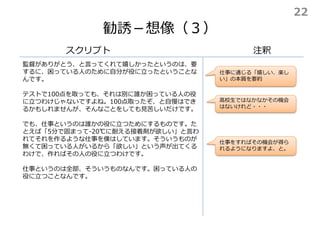 勧誘－想像（３）
スクリプト
監督がありがとう、と言ってくれて嬉しかったというのは、要
するに、困っている人のために自分が役に立ったということな
んです。
テストで100点を取っても、それは別に誰か困っている人の役
に立つわけじゃないですよね。100点取ったぞ、と自慢はでき
るかもしれませんが、そんなことをしても見苦しいだけです。
でも、仕事というのは誰かの役に立つためにするものです。た
とえば「5分で固まって-20℃に耐える接着剤が欲しい」と言わ
れてそれを作るような仕事を僕はしています。そういうものが
無くて困っている人がいるから「欲しい」という声が出てくる
わけで、作ればその人の役に立つわけです。
仕事というのは全部、そういうものなんです。困っている人の
役に立つことなんです。
注釈
高校生ではなかなかその機会
はないけれど・・・
仕事に通じる「嬉しい、楽し
い」の本質を要約
仕事をすればその機会が得ら
れるようになりますよ、と。
22
 