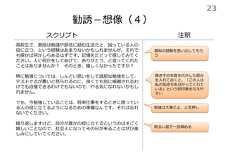 勧誘－想像（４）
スクリプト
高校生で、普段は勉強や部活に励む生活だと、困っている人の
役に立つ、という経験はあまりないかもしれませんが、それで
も探せば何かしらあるはずです。記憶をたどって探してみてく
ださい。人に何かをしてあげて、ありがとう、と言ってくれた
ことはありませんか？ そのとき、嬉しくなかったですか？
特に勉強については、しんどい思いをして退屈な勉強をして、
テストで点が悪いと怒られるのに、良くても別に感謝されるわ
けでも自慢できるわけでもないので、やる気になれないかもし
れません。
でも、今勉強していることは、将来仕事をするときに困ってい
る人の役に立てるようになるための準備なんです。それは忘れ
ないでください。
繰り返しますけど、自分が誰かの役に立てるというのはすごく
嬉しいことなので、社会人になってその日が来ることはぜひ楽
しみにしていてください。
注釈
聞き手の本音を代弁した部分
を入れておくと、「この人は
私の気持ちを分かってくれて
いる」という好印象を与えや
すい
類似の経験を思い出してもら
う
勉強は大事だよ、と念押し
明るい話で一旦締める
23
 