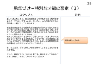 勇気づけ－特別な才能の否定（３）
スクリプト 注釈
役割は新しく作れる
楽しいことだったら、眠る時間を削ってでもやりたくなります
よね？ そうやってずっとやっていると、いつの間にかその分
野の第一人者になってたりします。
僕も最初は苦手だから始めた変化球打ちの研究だったんですが、
やっているうちに細かい違いが見えてくるのが面白くなってき
て、そのうち同じ野球部仲間から投手のクセの見分け方を教え
てくれと聞かれるようになりました。
教えてくれと言われるとやっぱり嬉しいです。教えてやった友
達がヒットを打てるとこれも嬉しくてですね、自分は試合に出
られなくてもずっと研究続けるうちに、しまいには野球部の陰
の参謀みたいなポジションになってました。
ということは、自分で新しい役割を作ってしまうこともできる
んですね。
だから、継続するというのは大事です。興味を持ってやれるこ
とを、真剣に、継続してやってみてください。
28
 