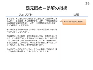 足元固め－誤解の指摘
スクリプト 注釈
ありがちな「空気」を指摘
ところで、みなさんの中にはもしかしたらこんな空気はありま
せんか？ たとえば「ガリ勉はダサイ」とか、「学校の勉強な
んか社会では役に立たない」とか、「大事なのはコミュニケー
ション能力だ」とかですね。
それはどれもかなりの誤解ですから、そういう空気には惑わさ
れないようにしてください。
今は数学にしても物理、化学や英語にしても、普通に生活して
いく上では必要そうには見えないかもしれません。でも僕が今
やっている仕事ではどの知識も不可欠です。それを高校の時に
きちんと勉強していたから、今はエポキシ樹脂フォーミュレー
ターなんていう、珍しい仕事が出来ています。
だからどういうことかというと、きちんと勉強しておけば、楽
しくやれる仕事を見つけやすくなるということです。
29
 