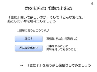 敵を知らねば戦は出来ぬ
→ 「誰に？」をもう少し深掘りしてみましょう
「誰に」聞いて欲しいのか、そして「どんな変化を」
起こしたいかを明確にしましょう
誰に？
どんな変化を？
高校生（社会人経験なし）
仕事をすることに
興味を持ってもらうこと
↓簡単に言うとこうですが
6
 