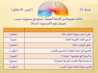 ‫نشاط‬(7)(‫الزمن‬:10‫دقائق‬)
‫اشدين‬‫ر‬‫ال‬‫الخلفاء‬‫أعمال‬ ‫أهم‬‫ي‬ ‫لخص‬‫بالترتيب‬.(‫تركيب‬)
‫أسباب‬ ‫عللي‬‫سفوط‬ً‫شتاء‬ ‫ـمطر‬‫ل‬‫ا‬(‫تحليل‬)
‫الكريمة‬ ‫اآليات‬‫اشرحي‬‫التالية‬.(‫فهم‬)
‫الوضوء‬ ‫طبقي‬‫ا‬ً‫عملي‬.(‫تطبيق‬)
‫التي‬ ‫ـمهنة‬‫ل‬‫ا‬ ‫ما‬‫؟‬ ‫تفضلينها‬‫؟‬ ‫ـماذا‬‫ل‬‫و‬(‫تقويم‬)
‫العربية‬‫ات‬‫ر‬‫اإلما‬ ‫دولة‬‫عاصمة‬ ‫ما‬‫ـمتحدة؟‬‫ل‬‫ا‬(‫ي‬ِ‫معرف‬)
‫إقترحي‬‫ل‬‫جدو‬‫لحفظ‬ ‫طريقة‬‫الضرب‬.(‫تركيب‬)
‫األسئلة‬ ‫من‬ ‫مجموعة‬ ‫أمامك‬‫الصفية‬‫مستويات‬ ‫في‬ ‫صنفيها‬ ،‫حسب‬: ‫األسئلة‬ ‫من‬ ‫مجموعة‬ ‫أمامك‬‫الصفية‬‫مستويات‬ ‫في‬ ‫صنفيها‬ ،‫حسب‬:
‫تصنيف‬‫بلوم‬(‫الستة‬ ‫ـمستويات‬‫ل‬‫ا‬. )
 