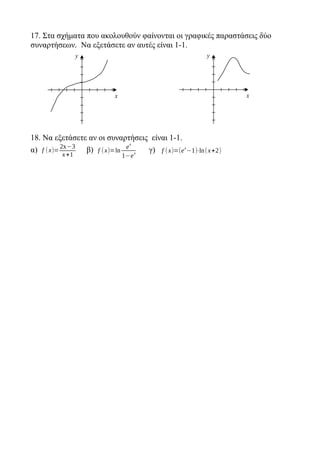 17. Στα σχήματα που ακολουθούν φαίνονται οι γραφικές παραστάσεις δύο
συναρτήσεων. Να εξετάσετε αν αυτές είναι 1-1.
18. Να εξετάσετε αν οι συναρτήσεις είναι 1-1.
α) f (x)=
2x−3
x+1
β) f (x)=ln
e
x
1−e
x
γ) f (x)=(e
x
−1)⋅ln(x+2)
x
y
x
y
 