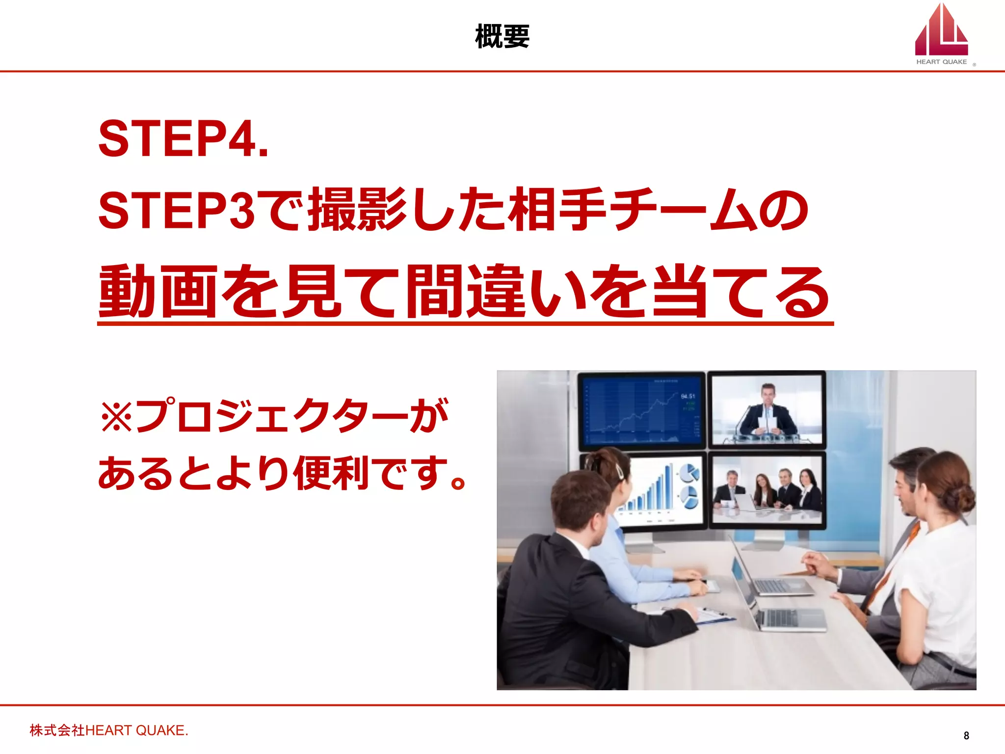 8	
株式会社HEART QUAKE.	
概要
STEP4.
STEP3で撮影した相⼿手チームの
動画を⾒見見て間違いを当てる
※プロジェクターが
あるとより便便利利です。
 
