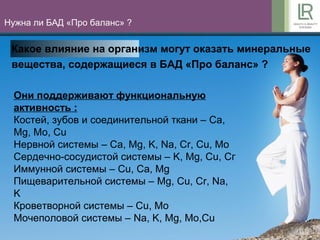 9
Нужна ли БАД «Про баланс» ?
Какое влияние на организм могут оказать минеральные
вещества, содержащиеся в БАД «Про баланс» ?
Они поддерживают функциональную
активность :
Костей, зубов и соединительной ткани – Ca,
Mg, Mo, Cu
Нервной системы – Ca, Mg, K, Na, Cr, Cu, Mo
Сердечно-сосудистой системы – K, Mg, Cu, Сг
Иммунной системы – Cu, Ca, Mg
Пищеварительной системы – Mg, Cu, Cr, Na,
K
Кроветворной системы – Cu, Mo
Мочеполовой системы – Na, K, Mg, Mo,Cu
 