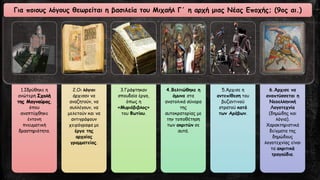 1.Ιδρύθηκε η
ανώτερη Σχολή
της Μαγναύρας,
όπου
αναπτύχθηκε
έντονη
πνευματική
δραστηριότητα.
2.Οι λόγιοι
άρχισαν να
αναζητούν, να
συλλέγουν, να
μελετούν και να
αντιγράφουν
χειρόγραφα με
έργα της
αρχαίας
γραμματείας.
3.Γράφτηκαν
σπουδαία έργα,
όπως η
«Μυριόβιβλος»
του Φωτίου.
4.Βελτιώθηκε η
άμυνα στα
ανατολικά σύνορα
της
αυτοκρατορίας με
την τοποθέτηση
των ακριτών σε
αυτά.
5.Άρχισε η
αντεπίθεση του
βυζαντινού
στρατού κατά
των Αράβων.
6.Άρχισε να
αναπτύσσεται η
Νεοελληνική
Λογοτεχνία
(δημώδης και
λόγια).
Χαρακτηριστικά
δείγματα της
δημώδους
λογοτεχνίας είναι
τα ακριτικά
τραγούδια.
Για ποιους λόγους θεωρείται η βασιλεία του Μιχαήλ Γ΄ η αρχή μιας Νέας Εποχής; (9ος αι.)
 