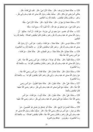 21
120‫ـ‬‫ﹶﺎ‬‫ﻨ‬‫ﹶ‬‫ﺜ‬‫ﺩ‬‫ﺤ‬‫ﺩ‬‫ﻤ‬‫ﺤ‬‫ﻤ‬‫ﻥ‬‫ﺒ‬‫ﹶ‬‫ﻑ‬‫ﺴ‬‫ﻭ‬‫ﻴ‬،َ‫ل‬‫ﹶﺎ‬‫ﻗ‬:‫ﹶﺎ‬‫ﻨ‬‫ﹶ‬‫ﺜ‬‫ﺩ‬‫ﺤ‬‫ﻲ‬ِ‫ﻋ‬‫ﺍ‬‫ﺯ‬‫ﻭ‬َ‫ﻷ‬‫ﺍ‬،َ‫ل‬‫ﹶﺎ‬‫ﻗ‬:‫ﺏ‬‫ﹶ‬‫ﺘ‬‫ﹶ‬‫ﻜ‬ِ‫ﺇ‬‫ﻲ‬‫ﹶ‬‫ﻟ‬‫ﹸ‬‫ﺓ‬‫ﺩ‬‫ﹶﺎ‬‫ﺘ‬‫ﹶ‬‫ﻗ‬،َ‫ل‬‫ﹶﺎ‬‫ﻗ‬:
‫ِﻲ‬‫ﻨ‬‫ﹶ‬‫ﺜ‬‫ﺩ‬‫ﺤ‬‫ﺱ‬‫ﹶ‬‫ﻨ‬َ‫ﺃ‬‫ِﻲ‬‫ﻨ‬‫ﻌ‬‫ﻴ‬‫ﻥ‬‫ﺒ‬‫ﺍ‬ٍ‫ﻙ‬ِ‫ﻟ‬‫ﺎ‬‫ﻤ‬،َ‫ل‬‫ﹶﺎ‬‫ﻗ‬:‫ﹸ‬‫ﺕ‬‫ﻴ‬‫ﱠ‬‫ﻠ‬‫ﺼ‬‫ﹶ‬‫ﻑ‬‫ﹾ‬‫ﻠ‬‫ﹶ‬‫ﺨ‬ِ‫ل‬‫ﻭ‬‫ﺴ‬‫ﺭ‬ِ‫ﻪ‬‫ﱠ‬‫ﻠ‬‫ﺍﻟ‬‫ﻭﺴﻠﻡ‬ ‫ﻋﻠﻴﻪ‬ ‫ﺍﷲ‬ ‫ﺼﻠﻰ‬‫ِﻲ‬‫ﺒ‬َ‫ﺃ‬‫ﻭ‬ٍ‫ﺭ‬‫ﹾ‬‫ﻜ‬‫ﺒ‬،
‫ﺭ‬‫ﻤ‬‫ﻋ‬‫ﻭ‬،‫ﻥ‬‫ﺎ‬‫ﻤ‬‫ﹾ‬‫ﺜ‬‫ﻋ‬‫ﻭ‬‫ﹸﻭﺍ‬‫ﻨ‬‫ﹶﺎ‬‫ﻜ‬‫ﻭ‬‫ﻥ‬‫ﻭ‬‫ﺤ‬ِ‫ﺘ‬‫ﹶ‬‫ﺘ‬‫ﹾ‬‫ﻔ‬‫ﻴ‬:ِ‫ﺩ‬‫ﻤ‬‫ﺤ‬‫ﹾ‬‫ﻟ‬‫ِﺎ‬‫ﺒ‬ِ‫ﻪ‬‫ﱠ‬‫ﻠ‬ِ‫ﻟ‬‫ﺏ‬‫ﺭ‬‫ﻥ‬‫ِﻴ‬‫ﻤ‬‫ﹶ‬‫ﻟ‬‫ﺎ‬‫ﻌ‬‫ﹾ‬‫ﻟ‬‫ﺍ‬
121‫ـ‬‫ﹶﺎ‬‫ﻨ‬‫ﹶ‬‫ﺜ‬‫ﺩ‬‫ﺤ‬‫ﻤ‬‫ﺤ‬‫ﻤ‬‫ﺩ‬‫ﻥ‬‫ﺒ‬‫ﻥ‬‫ﺍ‬‫ﺭ‬‫ﻬ‬ِ‫ﻤ‬،َ‫ل‬‫ﹶﺎ‬‫ﻗ‬:‫ﹶﺎ‬‫ﻨ‬‫ﹶ‬‫ﺜ‬‫ﺩ‬‫ﺤ‬‫ﺩ‬‫ِﻴ‬‫ﻟ‬‫ﻭ‬‫ﹾ‬‫ﻟ‬‫ﺍ‬،َ‫ل‬‫ﹶﺎ‬‫ﻗ‬:‫ﹶﺎ‬‫ﻨ‬‫ﹶ‬‫ﺜ‬‫ﺩ‬‫ﺤ‬‫ﻲ‬ِ‫ﻋ‬‫ﺍ‬‫ﺯ‬‫ﻭ‬َ‫ﻷ‬‫ﺍ‬،‫ﻪ‬‫ﹶ‬‫ﻠ‬‫ﹾ‬‫ﺜ‬ِ‫ﻤ‬
ِ‫ﻥ‬‫ﻋ‬‫ﻭ‬‫ﻲ‬ِ‫ﻋ‬‫ﺍ‬‫ﺯ‬‫ﻭ‬َ‫ﻷ‬‫ﺍ‬،‫ﻥ‬‫ﻋ‬‫ﹶ‬‫ﻕ‬‫ﺎ‬‫ﺤ‬‫ﺴ‬ِ‫ﺇ‬ِ‫ﻥ‬‫ﺒ‬ِ‫ﺩ‬‫ﺒ‬‫ﻋ‬ِ‫ﻪ‬‫ﱠ‬‫ﻠ‬‫ﺍﻟ‬،‫ﻪ‬‫ﱠ‬‫ﻨ‬َ‫ﺃ‬‫ﻩ‬‫ﺭ‬‫ﺒ‬‫ﹾ‬‫ﺨ‬َ‫ﺃ‬‫ﻪ‬‫ﱠ‬‫ﻨ‬َ‫ﺃ‬،‫ﻊ‬ِ‫ﻤ‬‫ﺴ‬‫ﺎ‬‫ﺴ‬‫ﹶ‬‫ﻨ‬َ‫ﺃ‬،‫ﻪ‬‫ﹶ‬‫ﻠ‬‫ﹾ‬‫ﺜ‬ِ‫ﻤ‬
122‫ـ‬‫ﹶﺎ‬‫ﻨ‬‫ﹶ‬‫ﺜ‬‫ﺩ‬‫ﺤ‬‫ﻭ‬‫ﺒ‬َ‫ﺃ‬ٍ‫ﻡ‬ِ‫ﺼ‬‫ﺎ‬‫ﻋ‬،‫ﻥ‬‫ﻋ‬‫ﺴ‬ِ‫ﺩ‬‫ِﻴ‬‫ﻌ‬ِ‫ﻥ‬‫ﺒ‬‫ِﻲ‬‫ﺒ‬َ‫ﺃ‬‫ﹶ‬‫ﺔ‬‫ﺒ‬‫ﻭ‬‫ﺭ‬‫ﻋ‬،‫ﻥ‬‫ﻋ‬‫ﹶ‬‫ﺓ‬‫ﺩ‬‫ﹶﺎ‬‫ﺘ‬‫ﹶ‬‫ﻗ‬،‫ﻥ‬َ‫ﺃ‬‫ﺎ‬‫ﺴ‬‫ﹶ‬‫ﻨ‬َ‫ﺃ‬،‫ﻡ‬‫ﻬ‬‫ﹶ‬‫ﺜ‬‫ﺩ‬‫ﺤ‬:‫ﻥ‬َ‫ﺃ‬
َ‫ل‬‫ﻭ‬‫ﺴ‬‫ﺭ‬ِ‫ﻪ‬‫ﱠ‬‫ﻠ‬‫ﺍﻟ‬‫ﻭﺴﻠﻡ‬ ‫ﻋﻠﻴﻪ‬ ‫ﺍﷲ‬ ‫ﺼﻠﻰ‬‫ﺎ‬‫ﺒ‬َ‫ﺃ‬‫ﻭ‬ٍ‫ﺭ‬‫ﹾ‬‫ﻜ‬‫ﺒ‬‫ﺭ‬‫ﻤ‬‫ﻋ‬‫ﻭ‬‫ﻥ‬‫ﺎ‬‫ﻤ‬‫ﹾ‬‫ﺜ‬‫ﻋ‬‫ﻭ‬‫ﹸﻭﺍ‬‫ﻨ‬‫ﹶﺎ‬‫ﻜ‬‫ﻥ‬‫ﻭ‬‫ﺤ‬ِ‫ﺘ‬‫ﹶ‬‫ﺘ‬‫ﹾ‬‫ﻔ‬‫ﻴ‬‫ﹶ‬‫ﺓ‬‫ﻼ‬‫ﺼ‬‫ﺍﻟ‬:ِ‫ﺩ‬‫ﻤ‬‫ﺤ‬‫ﹾ‬‫ﻟ‬‫ِﺎ‬‫ﺒ‬ِ‫ﻪ‬‫ﱠ‬‫ﻠ‬ِ‫ﻟ‬‫ﺏ‬‫ﺭ‬
‫ﻥ‬‫ِﻴ‬‫ﻤ‬‫ﹶ‬‫ﻟ‬‫ﺎ‬‫ﻌ‬‫ﹾ‬‫ﻟ‬‫ﺍ‬
123‫ـ‬‫ﹶﺎ‬‫ﻨ‬‫ﹶ‬‫ﺜ‬‫ﺩ‬‫ﺤ‬‫ﻰ‬‫ﺴ‬‫ﻭ‬‫ﻤ‬،‫ﹶﺎ‬‫ﻗ‬َ‫ل‬:‫ﹶﺎ‬‫ﻨ‬‫ﹶ‬‫ﺜ‬‫ﺩ‬‫ﺤ‬‫ﺩ‬‫ﺎ‬‫ﻤ‬‫ﺤ‬،‫ﻥ‬‫ﻋ‬‫ﹶ‬‫ﺓ‬‫ﺩ‬‫ﹶﺎ‬‫ﺘ‬‫ﹶ‬‫ﻗ‬،ٍ‫ﺕ‬ِ‫ﺒ‬‫ﹶﺎ‬‫ﺜ‬‫ﻭ‬،‫ﻥ‬‫ﻋ‬ٍ‫ﺱ‬‫ﹶ‬‫ﻨ‬َ‫ﺃ‬،‫ﻥ‬َ‫ﺃ‬َ‫ل‬‫ﻭ‬‫ﺴ‬‫ﺭ‬ِ‫ﻪ‬‫ﱠ‬‫ﻠ‬‫ﺍﻟ‬
‫ﻭﺴﻠﻡ‬ ‫ﻋﻠﻴﻪ‬ ‫ﺍﷲ‬ ‫ﺼﻠﻰ‬‫ﺎ‬‫ﺒ‬َ‫ﺃ‬‫ﻭ‬ٍ‫ﺭ‬‫ﹾ‬‫ﻜ‬‫ﺒ‬،‫ﺭ‬‫ﻤ‬‫ﻋ‬‫ﻭ‬‫ﹸﻭﺍ‬‫ﻨ‬‫ﹶﺎ‬‫ﻜ‬‫ﻥ‬‫ﻭ‬‫ﺤ‬ِ‫ﺘ‬‫ﹾ‬‫ﻔ‬‫ﹶ‬‫ﺘ‬‫ﺴ‬‫ﻴ‬‫ﻥ‬‫ﺁ‬‫ﺭ‬‫ﹸ‬‫ﻘ‬‫ﹾ‬‫ﻟ‬‫ﺍ‬:ِ‫ﺏ‬﴿‫ﺩ‬‫ﻤ‬‫ﺤ‬‫ﹾ‬‫ﻟ‬‫ﺍ‬ِ‫ﻪ‬‫ﱠ‬‫ﻠ‬ِ‫ﻟ‬‫ﺏ‬‫ﺭ‬‫ﻥ‬‫ِﻴ‬‫ﻤ‬‫ﹶ‬‫ﻟ‬‫ﺎ‬‫ﻌ‬‫ﹾ‬‫ﻟ‬‫ﺍ‬﴾
124‫ـ‬‫ﹶﺎ‬‫ﻨ‬‫ﹶ‬‫ﺜ‬‫ﺩ‬‫ﺤ‬‫ﺝ‬‫ﺎ‬‫ﺠ‬‫ﺤ‬،َ‫ل‬‫ﹶﺎ‬‫ﻗ‬‫ﺩ‬‫ﺤ‬‫ﹶﺎ‬‫ﻨ‬‫ﹶ‬‫ﺜ‬‫ﺩ‬‫ﺎ‬‫ﻤ‬‫ﺤ‬،ِ‫ﻥ‬‫ﻋ‬‫ﻭ‬ِ‫ﺝ‬‫ﺎ‬‫ﺠ‬‫ﺤ‬‫ﹾ‬‫ﻟ‬‫ﺍ‬،َ‫ل‬‫ﹶﺎ‬‫ﻗ‬:‫ﹶﺎ‬‫ﻨ‬‫ﹶ‬‫ﺜ‬‫ﺩ‬‫ﺤ‬‫ﻡ‬‫ﺎ‬‫ﻤ‬‫ﻫ‬،‫ﻥ‬‫ﻋ‬‫ﹶ‬‫ﺓ‬‫ﺩ‬‫ﹶﺎ‬‫ﺘ‬‫ﹶ‬‫ﻗ‬،
‫ﻥ‬‫ﻋ‬ٍ‫ﺱ‬‫ﹶ‬‫ﻨ‬َ‫ﺃ‬‫ﻲ‬ِ‫ﻀ‬‫ﺭ‬‫ﻪ‬‫ﱠ‬‫ﻠ‬‫ﺍﻟ‬‫ﻪ‬‫ﹾ‬‫ﻨ‬‫ﻋ‬‫ﻪ‬‫ﹶ‬‫ﻠ‬‫ﹾ‬‫ﺜ‬ِ‫ﻤ‬
125‫ـ‬‫ﹶﺎ‬‫ﻨ‬‫ﹶ‬‫ﺜ‬‫ﺩ‬‫ﺤ‬‫ﹸ‬‫ﺔ‬‫ﺒ‬‫ﻴ‬‫ﹶ‬‫ﺘ‬‫ﹸ‬‫ﻗ‬،َ‫ل‬‫ﹶﺎ‬‫ﻗ‬:‫ﹶﺎ‬‫ﻨ‬‫ﹶ‬‫ﺜ‬‫ﺩ‬‫ﺤ‬‫ﻭ‬‫ﺒ‬َ‫ﺃ‬‫ﹶ‬‫ﺔ‬‫ﹶ‬‫ﻨ‬‫ﺍ‬‫ﻭ‬‫ﻋ‬،‫ﻥ‬‫ﻋ‬‫ﹶ‬‫ﺓ‬‫ﺩ‬‫ﹶﺎ‬‫ﺘ‬‫ﹶ‬‫ﻗ‬،‫ﻥ‬‫ﻋ‬ٍ‫ﺱ‬‫ﹶ‬‫ﻨ‬َ‫ﺃ‬‫ﻲ‬ِ‫ﻀ‬‫ﺭ‬‫ﻪ‬‫ﱠ‬‫ﻠ‬‫ﺍﻟ‬‫ﻪ‬‫ﹾ‬‫ﻨ‬‫ﻋ‬:‫ﻥ‬‫ﹶﺎ‬‫ﻜ‬
‫ﺭ‬ُ‫ل‬‫ﻭ‬‫ﺴ‬ِ‫ﻪ‬‫ﱠ‬‫ﻠ‬‫ﺍﻟ‬‫ﻭﺴﻠﻡ‬ ‫ﻋﻠﻴﻪ‬ ‫ﺍﷲ‬ ‫ﺼﻠﻰ‬‫ﻭ‬‫ﺒ‬َ‫ﺃ‬‫ﻭ‬ٍ‫ﺭ‬‫ﹾ‬‫ﻜ‬‫ﺒ‬‫ﺭ‬‫ﻤ‬‫ﻋ‬‫ﻭ‬‫ﻥ‬‫ﺎ‬‫ﻤ‬‫ﹾ‬‫ﺜ‬‫ﻋ‬‫ﻭ‬‫ﻥ‬‫ﻭ‬‫ﺤ‬ِ‫ﺘ‬‫ﹾ‬‫ﻔ‬‫ﹶ‬‫ﺘ‬‫ﺴ‬‫ﻴ‬‫ﹶ‬‫ﺓ‬‫ﺀ‬‫ﺍ‬‫ﺭ‬ِ‫ﻘ‬‫ﹾ‬‫ﻟ‬‫ﺍ‬:ِ‫ﺒ‬‫ـ‬﴿‫ﺩ‬‫ﻤ‬‫ﺤ‬‫ﹾ‬‫ﻟ‬‫ﺍ‬ِ‫ﻪ‬‫ﱠ‬‫ﻠ‬ِ‫ﻟ‬
‫ﺏ‬‫ﺭ‬‫ﻥ‬‫ِﻴ‬‫ﻤ‬‫ﹶ‬‫ﻟ‬‫ﺎ‬‫ﻌ‬‫ﹾ‬‫ﻟ‬‫ﺍ‬﴾
126‫ـ‬‫ﹶﺎ‬‫ﻨ‬‫ﹶ‬‫ﺜ‬‫ﺩ‬‫ﺤ‬‫ﻡ‬ِ‫ﻠ‬‫ﺴ‬‫ﻤ‬،َ‫ل‬‫ﹶﺎ‬‫ﻗ‬:‫ﹶﺎ‬‫ﻨ‬‫ﹶ‬‫ﺜ‬‫ﺩ‬‫ﺤ‬‫ﻡ‬‫ﹶﺎ‬‫ﺸ‬ِ‫ﻫ‬،َ‫ل‬‫ﹶﺎ‬‫ﻗ‬:‫ﹶﺎ‬‫ﻨ‬‫ﹶ‬‫ﺜ‬‫ﺩ‬‫ﺤ‬‫ﹸ‬‫ﺓ‬‫ﺩ‬‫ﹶﺎ‬‫ﺘ‬‫ﹶ‬‫ﻗ‬،‫ﻥ‬‫ﻋ‬ٍ‫ﺱ‬‫ﹶ‬‫ﻨ‬َ‫ﺃ‬‫ﻲ‬ِ‫ﻀ‬‫ﺭ‬‫ﱠ‬‫ﻠ‬‫ﺍﻟ‬‫ﻪ‬‫ﻪ‬‫ﹾ‬‫ﻨ‬‫ﻋ‬،
‫ﻥ‬‫ﻋ‬ِ‫ل‬‫ﻭ‬‫ﺴ‬‫ﺭ‬ِ‫ﻪ‬‫ﱠ‬‫ﻠ‬‫ﺍﻟ‬‫ﻭﺴﻠﻡ‬ ‫ﻋﻠﻴﻪ‬ ‫ﺍﷲ‬ ‫ﺼﻠﻰ‬،‫ِﻲ‬‫ﺒ‬َ‫ﺃ‬‫ﻭ‬ٍ‫ﺭ‬‫ﹾ‬‫ﻜ‬‫ﺒ‬‫ﺭ‬‫ﻤ‬‫ﻋ‬‫ﻭ‬‫ﹸﻭﺍ‬‫ﻨ‬‫ﹶﺎ‬‫ﻜ‬‫ﻥ‬‫ﻭ‬‫ﺤ‬ِ‫ﺘ‬‫ﹶ‬‫ﺘ‬‫ﹾ‬‫ﻔ‬‫ﻴ‬‫ﹶ‬‫ﺓ‬‫ﺀ‬‫ﺍ‬‫ﺭ‬ِ‫ﻘ‬‫ﹾ‬‫ﻟ‬‫ﺍ‬:ِ‫ﺒ‬‫ـ‬﴿‫ﺩ‬‫ﻤ‬‫ﺤ‬‫ﹾ‬‫ﻟ‬‫ﺍ‬ِ‫ﻪ‬‫ﱠ‬‫ﻠ‬ِ‫ﻟ‬
‫ﺏ‬‫ﺭ‬‫ﻥ‬‫ِﻴ‬‫ﻤ‬‫ﹶ‬‫ﻟ‬‫ﺎ‬‫ﻌ‬‫ﹾ‬‫ﻟ‬‫ﺍ‬﴾
127‫ـ‬‫ﹶﺎ‬‫ﻨ‬‫ﹶ‬‫ﺜ‬‫ﺩ‬‫ﺤ‬‫ﻲ‬ِ‫ﻠ‬‫ﻋ‬،َ‫ل‬‫ﹶﺎ‬‫ﻗ‬:‫ﹶﺎ‬‫ﻨ‬‫ﹶ‬‫ﺜ‬‫ﺩ‬‫ﺤ‬‫ﻥ‬‫ﺎ‬‫ﻴ‬‫ﹾ‬‫ﻔ‬‫ﺴ‬،َ‫ل‬‫ﹶﺎ‬‫ﻗ‬:‫ﹶﺎ‬‫ﻨ‬‫ﹶ‬‫ﺜ‬‫ﺩ‬‫ﺤ‬‫ﺩ‬‫ﻴ‬‫ﻤ‬‫ﺤ‬ُ‫ل‬‫ِﻴ‬‫ﻭ‬‫ﱠ‬‫ﻁ‬‫ﺍﻟ‬،‫ﻥ‬‫ﻋ‬ٍ‫ﺱ‬‫ﹶ‬‫ﻨ‬َ‫ﺃ‬‫ﻲ‬ِ‫ﻀ‬‫ﺭ‬
‫ﻪ‬‫ﱠ‬‫ﻠ‬‫ﺍﻟ‬‫ﻪ‬‫ﹾ‬‫ﻨ‬‫ﻋ‬،َ‫ل‬‫ﹶﺎ‬‫ﻗ‬:‫ﹸ‬‫ﺕ‬‫ﻴ‬‫ﱠ‬‫ﻠ‬‫ﺼ‬‫ﻊ‬‫ﻤ‬‫ﻲ‬ِ‫ﺒ‬‫ﱠ‬‫ﻨ‬‫ﺍﻟ‬‫ﻭﺴﻠﻡ‬ ‫ﻋﻠﻴﻪ‬ ‫ﺍﷲ‬ ‫ﺼﻠﻰ‬‫ِﻲ‬‫ﺒ‬َ‫ﺃ‬‫ﻭ‬ٍ‫ﺭ‬‫ﹾ‬‫ﻜ‬‫ﺒ‬،‫ﺭ‬‫ﻤ‬‫ﻋ‬‫ﻭ‬‫ﻲ‬ِ‫ﻀ‬‫ﺭ‬‫ﻪ‬‫ﱠ‬‫ﻠ‬‫ﺍﻟ‬‫ﺎ‬‫ﻤ‬‫ﻬ‬‫ﹾ‬‫ﻨ‬‫ﻋ‬
‫ﹸﻭﺍ‬‫ﻨ‬‫ﹶﺎ‬‫ﻜ‬‫ﻥ‬‫ﻭ‬‫ﺤ‬ِ‫ﺘ‬‫ﹶ‬‫ﺘ‬‫ﹾ‬‫ﻔ‬‫ﻴ‬ِ‫ﺒ‬‫ﺩ‬‫ﻤ‬‫ﺤ‬‫ﹾ‬‫ﻟ‬‫ﺎ‬
128‫ـ‬‫ﹶﺎ‬‫ﻨ‬‫ﹶ‬‫ﺜ‬‫ﺩ‬‫ﺤ‬‫ﻲ‬ِ‫ﻠ‬‫ﻋ‬،َ‫ل‬‫ﹶﺎ‬‫ﻗ‬:‫ﹶﺎ‬‫ﻨ‬‫ﹶ‬‫ﺜ‬‫ﺩ‬‫ﺤ‬‫ﻥ‬‫ﺎ‬‫ﻴ‬‫ﹾ‬‫ﻔ‬‫ﺴ‬،َ‫ل‬‫ﹶﺎ‬‫ﻗ‬:‫ﹶﺎ‬‫ﻨ‬‫ﹶ‬‫ﺜ‬‫ﺩ‬‫ﺤ‬َ‫ﺃ‬‫ﺏ‬‫ﻭ‬‫ﻴ‬،‫ﻥ‬‫ﻋ‬‫ﹶ‬‫ﺓ‬‫ﺩ‬‫ﹶﺎ‬‫ﺘ‬‫ﹶ‬‫ﻗ‬،‫ﻥ‬‫ﻋ‬ِ‫ﺱ‬‫ﹶ‬‫ﻨ‬َ‫ﺃ‬
‫ﻲ‬ِ‫ﻀ‬‫ﺭ‬‫ﻪ‬‫ﱠ‬‫ﻠ‬‫ﺍﻟ‬‫ﻪ‬‫ﹾ‬‫ﻨ‬‫ﻋ‬،‫ﹸ‬‫ﺕ‬‫ﻴ‬‫ﱠ‬‫ﻠ‬‫ﺼ‬‫ﻊ‬‫ﻤ‬‫ﻲ‬ِ‫ﺒ‬‫ﱠ‬‫ﻨ‬‫ﺍﻟ‬‫ﻭﺴﻠﻡ‬ ‫ﻋﻠﻴﻪ‬ ‫ﺍﷲ‬ ‫ﺼﻠﻰ‬‫ِﻲ‬‫ﺒ‬َ‫ﺃ‬‫ﻭ‬ٍ‫ﺭ‬‫ﹾ‬‫ﻜ‬‫ﺒ‬،‫ﺭ‬‫ﻤ‬‫ﻋ‬‫ﻭ‬‫ﻲ‬ِ‫ﻀ‬‫ﺭ‬‫ﻪ‬‫ﱠ‬‫ﻠ‬‫ﺍﻟ‬‫ﺎ‬‫ﻤ‬‫ﻬ‬‫ﹾ‬‫ﻨ‬‫ﻋ‬
‫ﻪ‬‫ﹶ‬‫ﻠ‬‫ﹾ‬‫ﺜ‬ِ‫ﻤ‬
129‫ـ‬‫ﹶﺎ‬‫ﻨ‬‫ﹶ‬‫ﺜ‬‫ﺩ‬‫ﺤ‬‫ﻥ‬‫ﺴ‬‫ﺤ‬‫ﹾ‬‫ﻟ‬‫ﺍ‬‫ﻥ‬‫ﺒ‬ِ‫ﻊ‬‫ِﻴ‬‫ﺒ‬‫ﺭ‬‫ﺍﻟ‬،َ‫ل‬‫ﹶﺎ‬‫ﻗ‬:‫ﹶﺎ‬‫ﻨ‬‫ﹶ‬‫ﺜ‬‫ﺩ‬‫ﺤ‬‫ﻭ‬‫ﺒ‬َ‫ﺃ‬‫ﹶ‬‫ﻕ‬‫ﺎ‬‫ﺤ‬‫ﺴ‬ِ‫ﺇ‬‫ﻥ‬‫ﺒ‬‫ﺴ‬‫ﺤ‬ٍ‫ﻥ‬‫ﻴ‬‫ﻭ‬‫ﻫ‬‫ﻲ‬ِ‫ﺴ‬ِ‫ﻴ‬‫ﻤ‬‫ﹸ‬‫ﺨ‬‫ﹾ‬‫ﻟ‬‫ﺍ‬،‫ﻥ‬‫ﻋ‬
ِ‫ﻙ‬ِ‫ﻟ‬‫ﺎ‬‫ﻤ‬ِ‫ﻥ‬‫ﺒ‬ٍ‫ﺭ‬‫ﹶﺎ‬‫ﻨ‬‫ِﻴ‬‫ﺩ‬،‫ﻥ‬‫ﻋ‬ِ‫ﺱ‬‫ﹶ‬‫ﻨ‬َ‫ﺃ‬ِ‫ﻥ‬‫ﺒ‬ٍ‫ﻙ‬ِ‫ﻟ‬‫ﺎ‬‫ﻤ‬‫ﻲ‬ِ‫ﻀ‬‫ﺭ‬‫ﻪ‬‫ﱠ‬‫ﻠ‬‫ﺍﻟ‬‫ﻪ‬‫ﹾ‬‫ﻨ‬‫ﻋ‬،َ‫ل‬‫ﹶﺎ‬‫ﻗ‬:‫ﹸ‬‫ﺕ‬‫ﻴ‬‫ﱠ‬‫ﻠ‬‫ﺼ‬‫ﹶ‬‫ﻑ‬‫ﹾ‬‫ﻠ‬‫ﹶ‬‫ﺨ‬ِ‫ل‬‫ﻭ‬‫ﺴ‬‫ﺭ‬ِ‫ﻪ‬‫ﱠ‬‫ﻠ‬‫ﺍﻟ‬‫ﺍﷲ‬ ‫ﺼﻠﻰ‬
‫ﻭﺴﻠﻡ‬ ‫ﻋﻠﻴﻪ‬‫ِﻲ‬‫ﺒ‬َ‫ﺃ‬‫ﻭ‬ٍ‫ﺭ‬‫ﹾ‬‫ﻜ‬‫ﺒ‬‫ﺭ‬‫ﻤ‬‫ﻋ‬‫ﻭ‬‫ﻥ‬‫ﺎ‬‫ﻤ‬‫ﹾ‬‫ﺜ‬‫ﻋ‬‫ﻭ‬‫ﻲ‬ِ‫ﻀ‬‫ﺭ‬‫ﻪ‬‫ﱠ‬‫ﻠ‬‫ﺍﻟ‬‫ﻪ‬‫ﹾ‬‫ﻨ‬‫ﻋ‬،‫ﹸﻭﺍ‬‫ﻨ‬‫ﹶﺎ‬‫ﻜ‬‫ﹶ‬‫ﻓ‬‫ﻥ‬‫ﻭ‬‫ﺤ‬ِ‫ﺘ‬‫ﹶ‬‫ﺘ‬‫ﹾ‬‫ﻔ‬‫ﻴ‬‫ﻼ‬‫ﺼ‬‫ﺍﻟ‬‫ﹶ‬‫ﺓ‬:‫ﺒ‬‫ـ‬﴿‫ﺩ‬‫ﻤ‬‫ﺤ‬‫ﹾ‬‫ﻟ‬‫ﺍ‬ِ‫ﻪ‬‫ﱠ‬‫ﻠ‬ِ‫ﻟ‬
‫ﺏ‬‫ﺭ‬‫ﻥ‬‫ِﻴ‬‫ﻤ‬‫ﹶ‬‫ﻟ‬‫ﺎ‬‫ﻌ‬‫ﹾ‬‫ﻟ‬‫ﺍ‬﴾،‫ﻥ‬‫ُﻭ‬‫ﺅ‬‫ﺭ‬‫ﹾ‬‫ﻘ‬‫ﻴ‬‫ﻭ‬:﴿ِ‫ﻙ‬ِ‫ﻟ‬‫ﺎ‬‫ﻤ‬ِ‫ﻡ‬‫ﻭ‬‫ﻴ‬ِ‫ﻥ‬‫ﻴ‬‫ﺩ‬‫ﺍﻟ‬﴾
 