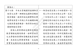 44
關為之。
第十七條 中央主管機關得協調師資
培育之大學，辦理幼兒園師資職前
教育課程，提供於幼兒園實際從事
教學及保育工作滿三年且繼續任職
之教保員進修機會，取得參加幼兒
園教師檢定資格。
前項人員修畢幼兒園師資職前
教育課程成績及格者，由師資培育
之大學發給修畢師資職前教育證明
書，其具有大學畢業學歷，完成教
育實習成績及格且通過教師資格檢
一、師資培育法第二十四條業於一百
零三年六月四日修正公布，定自
一百零四年二月一日施行，自該
條規定修正施行之日起六年內，
提供一百零三年五月二十日前已
於幼兒園擔任教保員並繼續任職
者進修取得教師資格之機會，因
設有落日條款，於所定期限以後
進入幼兒園之教保員，非屬前開
師資培育法第二十四條規定得修
習專班之對象，無進修管道得取
行
政
院
行
政
院
第
3432次
院
會
會
議
18356BABE4C2CD87
 
