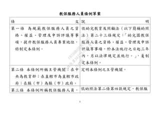 8
教保服務人員條例草案
條 文 說 明
第一條 為規範教保服務人員之資
格、權益、管理及申訴評議等事
項，提升教保服務人員專業地位，
特制定本條例。
依幼兒教育及照顧法（以下簡稱幼照
法）第二十三條規定：「幼兒園教保
服務人員之資格、權益、管理及申訴
評議等事項，於本法施行之日起三年
內，另以法律規定並施行。」，爰制
定本條例。
第二條 本條例所稱主管機關：在中
央為教育部；在直轄市為直轄市政
府；在縣（市）為縣（市）政府。
定明本條例之主管機關。
第三條 本條例所稱教保服務人員， 依幼照法第二條第四款規定，教保服
行
政
院
行
政
院
第
3432次
院
會
會
議
18356BABE4C2CD87
 