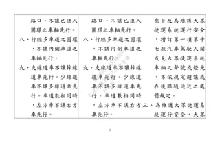 29
路口，不讓已進入
圓環之車輛先行。
八、行經多車道之圓環
，不讓內側車道之
車輛先行。
九、支線道車不讓幹線
道車先行。少線道
車不讓多線道車先
行。車道數相同時
，左方車不讓右方
車先行。
路口，不讓已進入
圓環之車輛先行。
八、行經多車道之圓環
，不讓內側車道之
車輛先行。
九、支線道車不讓幹線
道車先行。少線道
車不讓多線道車先
行。車道數相同時
，左方車不讓右方
車先行。
意旨及為維護大眾
捷運系統運行安全
，增訂第一項第十
七款汽車駕駛人聞
或見大眾捷運系統
車輛之聲號或燈光
，不依規定避讓或
在後跟隨迫近之處
罰規定。
三、為維護大眾捷運系
統運行安全，大眾
行
政
院
行
政
院
第
3432次
院
會
會
議
6FC607ADA519B900
 