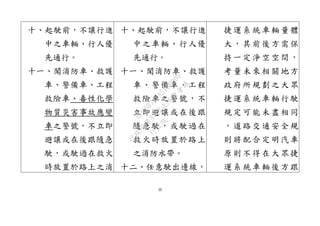 30
十、起駛前，不讓行進
中之車輛、行人優
先通行。
十一、聞消防車、救護
車、警備車、工程
救險車、毒性化學
物質災害事故應變
車之警號，不立即
避讓或在後跟隨急
駛，或駛過在救火
時放置於路上之消
十、起駛前，不讓行進
中之車輛、行人優
先通行。
十一、聞消防車、救護
車、警備車、工程
救險車之警號，不
立即避讓或在後跟
隨急駛，或駛過在
救火時放置於路上
之消防水帶。
十二、任意駛出邊線，
捷運系統車輛量體
大，其前後方需保
持一定淨空空間，
考量未來相關地方
政府所規劃之大眾
捷運系統車輛行駛
規定可能未盡相同
，道路交通安全規
則將配合定明汽車
原則不得在大眾捷
運系統車輛後方跟
行
政
院
行
政
院
第
3432次
院
會
會
議
6FC607ADA519B900
 