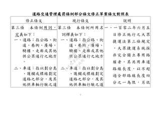7
道路交通管理處罰條例部分條文修正草案條文對照表
修正條文 現行條文 說明
第三條 本條例用詞，
定義如下：
一、道路：指公路、街
道、巷衖、廣場、
騎樓、走廊或其他
供公眾通行之地方
。
二、車道：指以劃分島
、護欄或標線劃定
道路之部分，及其
他供車輛行駛之道
第三條 本條例所用名
詞釋義如下：
一、道路：指公路、街
道、巷衖、廣場、
騎樓、走廊或其他
供公眾通行之地方
。
二、車道：指以劃分島
、護欄或標線劃定
道路之部分，及其
他供車輛行駛之道
一、一百零二年六月五
日修正施行之大眾
捷運法第三條規定
，大眾捷運系統採
非完全獨立專用路
權者，其共用車道
路線長度，以不超
過全部路線長度四
分之一為限，另依
行
政
院
行
政
院
第
3432次
院
會
會
議
6FC607ADA519B900
 