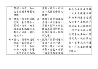 9
禁制、指示，而以
文字或圖案繪製之
標牌。
六、標線：指管制道路
交通，表示警告、
禁制、指示，而在
路面或其他設施上
劃設之線條、圖形
或文字。
七、號誌：指管制道路
交通，表示行進、
注意、停止，而以
手勢、光色、音響
、文字等指示之訊
禁制、指示，而以
文字或圖案繪製之
標牌。
六、標線：指管制道路
交通，表示警告、
禁制、指示，而在
路面或其他設施上
劃設之線條、圖形
或文字。
七、號誌：指管制道路
交通，表示行進、
注意、停止，而以
手勢、光色、音響
、文字等指示之訊
車秩序規範及管理
，就大眾捷運系統
車輛用詞應有定義
之必要，爰依大眾
捷運法第三條規定
，增訂第九款大眾
捷運系統車輛之用
詞定義。現行第九
款、第十款款次遞
移，序文並酌作文
字修正。
行
政
院
行
政
院
第
3432次
院
會
會
議
6FC607ADA519B900
 