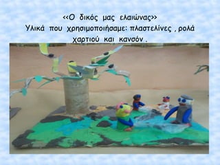 <<Ο δικός μας ελαιώνας>>
Υλικά που χρησιμοποιήσαμε: πλαστελίνες , ρολά
χαρτιού και κανσόν .
 