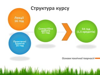 Структура курсу
Основи технічної творчості
Лекції
16 год
Практичні
заняття
16 год
Самостійна
робота
22 год
54 год
(1,5 кредитів)
 