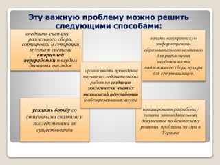 Эту важную проблему можно решить
следующими способами:
внедрить систему
раздельного сбора,
сортировки и сепарации
мусора и систему
вторичной
переработки твердых
бытовых отходов
начать всеукраинскую
информационно-
образовательную кампанию
для разъяснения
необходимости
надлежащего сбора мусора
для его утилизации.
усилить борьбу со
стихийными свалками и
последствиями их
существования
инициировать разработку
пакета законодательных
документов по безопасному
решению проблемы мусора в
Украине
организовать проведение
научно-исследовательских
работ по созданию
экологически чистых
технологий переработки
и обезвреживания мусора
 