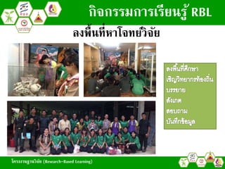 โครงงานฐานวิจัย (Research-Based Learning)
ลงพื้นที่หาโจทย์วิจัย
กิจกรรมการเรียนรู้ RBL
โครงงานฐานวิจัย (Research-Based Learning)
 