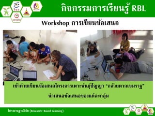 โครงงานฐานวิจัย (Research-Based Learning)
เข้าค่ายเขียนข้อเสนอโครงการเพาะพันธุ์ปัญญา “กล้วยตากเขมราฐ”
นาเสนอข้อเสนอของแต่ละกลุ่ม
Workshop การเขียนข้อเสนอ
กิจกรรมการเรียนรู้ RBL
โครงงานฐานวิจัย (Research-Based Learning)
 