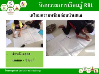 โครงงานฐานวิจัย (Research-Based Learning)
- เขียนผังเหตุผล
- นาเสนอ / ปรับแก้
เตรียมความพร้อมก่อนนาเสนอ
กิจกรรมการเรียนรู้ RBL
โครงงานฐานวิจัย (Research-Based Learning)
 