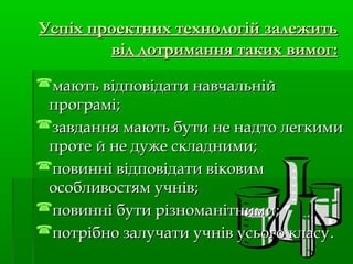 Успіх проектних технологій залежитьУспіх проектних технологій залежить
від дотримання таких вимог:від дотримання таких вимог:
мають відповідати навчальніймають відповідати навчальній
програмі;програмі;
завдання мають бути не надто легкимизавдання мають бути не надто легкими
проте й не дуже складними;проте й не дуже складними;
повинні відповідати віковимповинні відповідати віковим
особливостям учнів;особливостям учнів;
повинні бути різноманітними;повинні бути різноманітними;
потрібно залучати учнів усього класупотрібно залучати учнів усього класу..
 