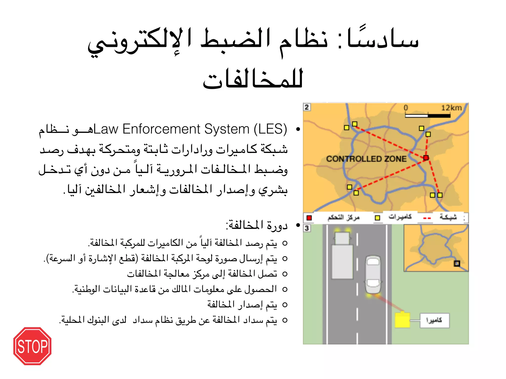 ‫اإللكتروني‬ ‫الضبط‬ ‫نظام‬ :‫ا‬ ً‫سادس‬
‫للمخالفات‬
•‫ظام‬VVVVVVVVVVVVV‫ن‬ ‫و‬VVVVVVVVVVVVV‫ه‬Law Enforcement System (LES)
‫د‬VVV‫ص‬‫ر‬ ‫دف‬VVV‫ه‬‫ب‬ ‫ة‬VVV‫ك‬‫ر‬VVV‫ح‬‫ومت‬ ‫تة‬VVV‫ب‬‫ا‬VVV‫ث‬ ‫ورادارات‬ ‫يرات‬VVV‫م‬‫ا‬VVV‫ك‬ ‫بكة‬VVV‫ش‬
‫ل‬VVVVVV‫خ‬‫د‬VVVVVV‫ت‬ ‫أي‬ ‫دون‬ ‫ن‬VVVVVV‫م‬ ً‫ا‬‫ي‬VVVVVV‫ل‬‫آ‬ ‫ة‬VVVVVV‫ي‬‫رور‬VVVVVV‫مل‬‫ا‬ ‫فات‬VVVVVV‫ل‬‫خا‬VVVVVV‫مل‬‫ا‬ ‫بط‬VVVVVV‫ض‬‫و‬
.‫آليا‬ ‫املخالفني‬ ‫وإشعار‬ ‫املخالفات‬ ‫وإصدار‬ ‫بشري‬
•:‫املخالفة‬ ‫دورة‬
.‫املخالفة‬ ‫للمركبة‬ ‫الكاميرات‬ ‫من‬ ً‫ا‬‫آلي‬ ‫املخالفة‬ ‫رصد‬ ‫يتم‬
.(‫السرعة‬ ‫أو‬ ‫اإلشارة‬ ‫)قطع‬ ‫املخالفة‬ ‫املركبة‬ ‫لوحة‬ ‫صورة‬ ‫إرسال‬ ‫يتم‬
‫املخالفات‬ ‫معالجة‬ ‫مركز‬ ‫إلى‬ ‫املخالفة‬ ‫تصل‬
.‫الوطنية‬ ‫البيانات‬ ‫قاعدة‬ ‫من‬ ‫املالك‬ ‫معلومات‬ ‫على‬ ‫الحصول‬
‫املخالفة‬ ‫إصدار‬ ‫يتم‬
.‫املحلية‬ ‫البنوك‬ ‫لدى‬ ‫سداد‬ ‫نظام‬ ‫طريق‬ ‫عن‬ ‫املخالفة‬ ‫سداد‬ ‫يتم‬
 