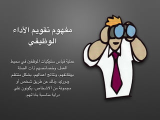 ‫األداء‬ ‫تقويم‬ ‫مفهوم‬
‫الوظيفي‬
‫محيط‬ ‫في‬ ‫املوظفني‬ ‫سلوكيات‬ ‫قياس‬ ‫عملية‬
‫الصلة‬ ‫ذات‬ ‫وخصائصهم‬ ،‫العمل‬
‫منتظم‬ ‫بشكل‬ ،‫اعمالهم‬ ‫ونتائج‬ ،‫بوظائفهم‬
‫أو‬ ‫شخص‬ ‫طريق‬ ‫عن‬ ‫وذلك‬ ،‫ودوري‬
‫على‬ ‫يكونون‬ ،‫االشخاص‬ ‫من‬ ‫مجموعة‬
.‫بأدائهم‬ ‫مناسبة‬ ‫دراية‬
 