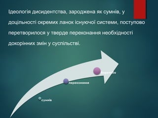 Ідеологія дисидентства, зароджена як сумнів, у
доцільності окремих ланок існуючої системи, поступово
перетворилося у тверде переконання необхідності
докорінних змін у суспільстві.
 