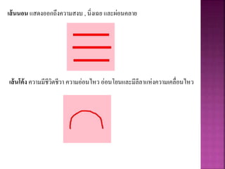 เส้นนอน แสดงออกถึงความสงบ , นิ่งเฉย และผ่อนคลาย
เส้นโค้ง ความมีชีวิตชีวา ความอ่อนไหว อ่อนโยนและมีลีลาแห่งความเคลื่อนไหว
 