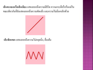 เส้นทะแยงหรือเส้นเฉียง แสดงออกถึงความมีชีวิต ความกระตือรือร้นแต่ใน
ขณะเดียวกันก็ยังแสดงออกถึงความขัดแย้ง และความไม่มั่นคงอีกด้วย
เส้นซิกแซก แสดงออกถึงความไม่หยุดนิ่ง, ตื่นเต้น
 