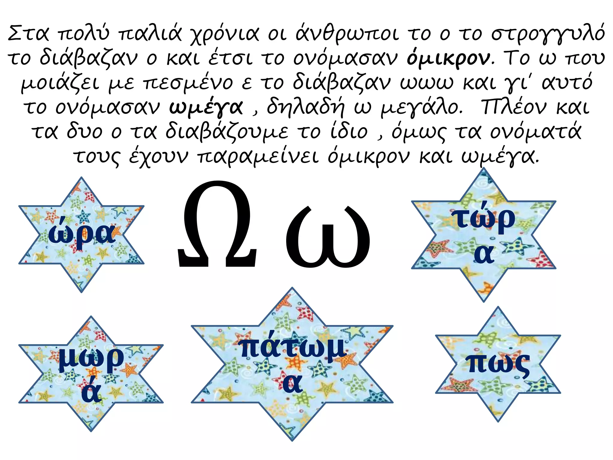 Στα πολύ παλιά χρόνια οι άνθρωποι το ο το στρογγυλό
το διάβαζαν ο και έτσι το ονόμασαν όμικρον. Το ω που
μοιάζει με πεσμένο ε το διάβαζαν ωωω και γι΄ αυτό
το ονόμασαν ωμέγα , δηλαδή ω μεγάλο. Πλέον και
τα δυο ο τα διαβάζουμε το ίδιο , όμως τα ονόματά
τους έχουν παραμείνει όμικρον και ωμέγα.
Ω ω
 