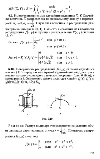 1 1
B)P((X,Y)eR) = ff-
dxdy 1
{^_У(1 + х2
)(1 + у2
) 4
6.9. Имеются независимые случайные величины X, У. Случай­
ная величина X распределена по нормальному закону с парамет­
рами: тх = 0; ох = — . Случайная величина У распределена рав-
л/2
номерно на интервале (0, 1). Написать выражения для плотности
распределения /(х, у) и функции распределения F(x, у) системы
(I, У). я
, — е~х2
при у €(0,1),
Ответ, /(х, у) —
0
F(s,y) = F^z)F2(y) =
при yg(0,l).
0 при у < 0,
уФ*(ху/2) при 0 < у < 1 ,
Ф * (xV2) при у > 1.
6.10. Поверхность распределения /(х, у) системы случайных
величин (X, У) представляет прямой круговой цилиндр, центр ос­
нования которого совпадает с началом координат (рис. 6.10, а), а
высота равна к Определить радиус цилиндра г, найти fx (х); /2 (у);
Шг/);/2(г/к);™*; #.;К
щ, •
Л*, у)
Рис. 6.10
Р е ш е н и е . Радиус цилиндра г определяется из условия: объ­
ем цилиндра равен единице, откуда г = /—. Плотность распре-
деления /(х, у) имеет вид
TL 2 , 2 ^ 2
ft, если х + у < г ,/ ( « ! » ) = •
0, если х2
+ у2
> г2
.
137
 