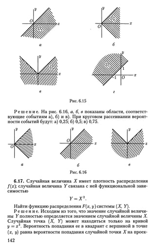 Рис. 6.15
Р е ш е н и е . На рис. 6.16, а, б, в показаны области, соответст­
вующие событиям а), б) и в). При круговом рассеивании вероят­
ности событий будут: а) 0,25; б) 0,5; в) 0,75.
^-х
6.17. Случайная величина X имеет плотность распределения
f(x); случайная величина Y связана с ней функциональной зави­
симостью
Y = X
Найти функцию распределения F(#, у) системы (X, Y).
Р е ш е н и е . Исходим из того, что значение случайной величи­
ны У полностью определяется значением случайной величины X.
Случайная точка (Xf Y) может находиться только на кривой
у = х2
. Вероятность попадания ее в квадрант с вершиной в точке
(я, у) равна вероятности попадания случайной точки X на проек-
142
 