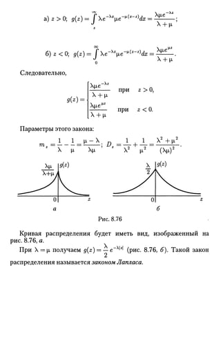 a) z > 0; g(z) = J Xe"x
V " ^ * " ^
Xp,e~
 + M< '
6)z<0] g(z) = Je-Xx
[ie~^x
-Z)
dx =
о
Следовательно,
при z > 0,
при z < 0.
Xjjie
X + p,
X[ie^
*(*) =
Х + |1
Параметры этого закона:
1 1 ц - Х п 1 1 Х2
+ц2
X |л Хр, X2
|JL^ (X|i)2
Рис. 8.76
Кривая распределения будет иметь вид, изображенный на
рис. 8.76, а.
При  = х получаем g{z) = — е~х|г|
(рис. 8.76, 5). Такой закон
распределения называется законом Лапласа.
 