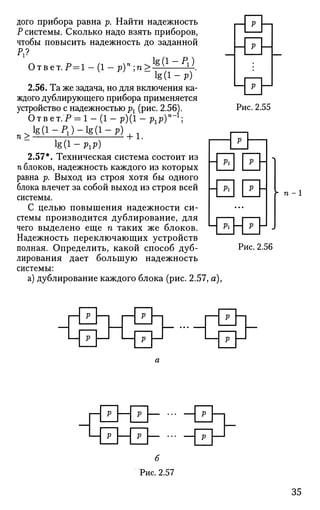 дого прибора равна р. Найти надежность
Р системы. Сколько надо взять приборов,
чтобы повысить надежность до заданной
Р{?
Ответ.Р=1 - (1 - p)";n>lg
^~Pl

- l g ( l - p )
2.56. Та же задача, но для включения ка­
ждого дублирующего прибора применяется
устройство с надежностью р1 (рис. 2.56).
Ответ. Р = 1 - (1 - р)(1 - ViP) ',
п> lgfl-PJ-lgfl-p)
+ 1.
Ig(l-PiP)
2.57*. Техническая система состоит из
п блоков, надежность каждого из которых
равна р. Выход из строя хотя бы одного
блока влечет за собой выход из строя всей
системы.
С целью повышения надежности си­
стемы производится дублирование, для
чего выделено еще п таких же блоков.
Надежность переключающих устройств
полная. Определить, какой способ дуб­
лирования дает большую надежность
системы:
а) дублирование каждого блока (рис. 2.57, а),
Pi
Pi
Pi
Pi
P
P U-i
P U
P [—'
ic. 2.55
P H "
P U
P H .
Рис. 2.56
p
p
p
p
— •
p
p
p — p
p —  p
p
p
б
Рис. 2.57
 