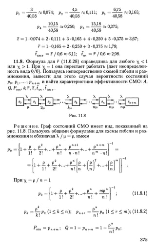 0,074; р2 = - ^ » 0,111; pz = - ^ » 0,165;
40,58 40,58 40,58
10,15 15,18
р — ~ 0,250 р5 — « 0,с$75
40,58 5
40,58
г = 1 • 0,074 + 2 • 0,111 + 3 • 0,165 + 4 • 0,250 + 5 • 0,375 w 3,67;
f = 1 • 0,165 + 2 • 0,250 + 3 • 0,375 « 1,79;
*~сист = * / 0,6 « 6,11; *оч = г / 0,6 « 2,98.
11.8. Формула для г (11.0.28) справедлива для любого  < 1
или х > 1- При х = 1 она перестает работать (дает неопределен­
ность вида 0/0). Пользуясь непосредственно схемой гибели и раз­
множения, вывести для этого случая вероятности состояний
Ро> Рг » ••• 5 Vn+mи
найти характеристики эффективности СМО: А,
Ч/> *.ОТК> "*» ^ 5 Z
1 t ОЧ ' ^ СИС Т '
X , ,Х X
np, Пр, П|Х
Рис. 11.8
Р е ш е н и е . Граф состояний СМО имеет вид, показанный на
рис. 11.8. Пользуясь общими формулами для схемы гибели и раз­
множения и обозначая X / |х — р, имеем
Po=i
Л 2 п Л п + 1
!+ £ + £_+...+£_ + ] ! _
1! 2! п п-п
= ]i+ £ + £_+...+£_
п!
1
+...+•
п -п
1! 2!
При х = Р / п = 1
+
U
+...+
^ p ^ -
In;
1! 2! n! n!
(11.8.1)
P* = T^Po (1 < * < n); p n + r = ^ p o (1 < r < m); (11.8.2)
к! n!
Pn+m; <2 = i - Pn+m = i — г ь ;
n!
375
 