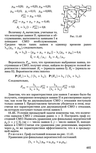p00=0,20; р10 =0,25; р20 =0,20;
Рог =0,15; р2 =0,15; р02 =0,005;
Рсй=Р20=0А
^ii)
=P20+Pll+P02=0
i4 0
;
i 4 1 = X 1 ( l - P W ) = 0,8.
V
Х2 N
V
2м..
V
Величину А2 вычислим, учитывая то,
что некоторые заявки II, принятые к об- ри с ц^о
служиванию, вытесняются заявками I и
покидают СМО необслуженными.
Среднее число таких заявок в единицу времени равно
Хи (рп + р02), следовательно,
А
2 = Х
2 I1
- (^20 + ^11 + Р02 )] - X
l (Pll + Р02 ) = °А
К ~ ^1 / Ml' ^2 ~ ^2 / М2 *
Вероятность Ротк того, что произвольно выбранная заявка, по­
ступившая в СМО, получит отказ, найдем по формуле полной ве­
роятности с гипотезами: Нг = {пришла заявка I}; Н2 = {пришла за­
явка И}. Вероятности этих гипотез
Р(Я1 ) = Х 1 / ( Х 1 + Х 2 ) ; Р(Я2 ) = Х 2 / ( Х 1 + Х 2 ) .
Следовательно,
Р =•
X,
 +Х2
.p(i)+. X,
( Х 1 + Х 2 )
-Р<2=О,З.
Заметим, что все характеристики для заявок I можно было бы
получить, совершенно игнорируя заявки II и рассматривая задачу
так, как если бы на двухканальную СМО с отказами поступали
только заявки I. Предоставляем читателю убедиться в этом, под­
считав все характеристики для двухканальной СМО с отказами,
на которую поступает только поток заявок I.
11.41. Условия предыдущей задачи изменены так, что количе­
ство каналов СМО с отказами равно п = 3. Построить граф со­
стояний СМО. Написать уравнения для финальных вероятностей
Pij (i + J < 3), где г — число заявок I, j — число заявок И, находя­
щихся в СМО. Считая эти уравнения уже решенными, выразить
через р{- те же характеристики эффективности, что и в предыду­
щей задаче.
Р е ш е н и е . Граф состояний показан на рис. 11.41.
Уравнения для финальных вероятностей состояний:
( + Х2) рт = 1гр10 + х,2р01;
405
 