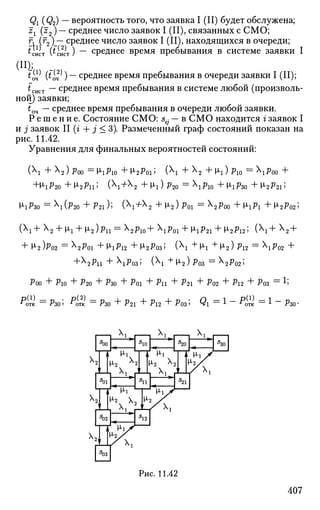 Qi (Q2) ~~ вероятность того, что заявка I (II) будет обслужена;
гг (z2) — среднее число заявок I (II), связанных с СМО;
г, (г2)_— среднее число заявок I (II), находящихся в очереди;
Чист (*сист) ~ среднее время пребывания в системе заявки I
t$ (t^) — среднее время пребывания в очереди заявки I (II);
tcliCT — среднее время пребывания в системе любой (произволь­
ной) заявки;
tQ4 ~ среднее время пребывания в очереди любой заявки.
Р е ш е н и е . Состояние СМО: s- — в СМО находится г заявок I
и j заявок II (г Л- j < 3). Размеченный граф состояний показан на
рис. 11.42.
Уравнения для финальных вероятностей состояний:
( + Х2) р00 = Ltp10 + i2p01; ( + Х2 + |j,1) р10 = р00 +
+1гР20 +12Рп] (  +  +M-l)?20 =PlO +V1P3O +M-2P21»*
VlPw =(Р20 + P 2 l ) ; (Х
1^Х
2 + М-2)Р(>1 = Х
2 ^ 0 0 +V4P1 + ^ 2 ^ 0 2 ;
(  + Х2 + LX + [i2)pn = Х 2 р 1 0 + Р01 + 1гр21 + l2Pl2> (Х
1 + Х
2 +
+ M>2 W =Х
2Р01 +VlPl2 + №(*> (Х
1 +
Ml +V2)Pl2 = Х
1^02 +
+2рп + poz; ( +h2) р 0 3 = Х 2 р 0 2 ;
Р00 + Рю + Р20 + РЗО + Poi + Pll + ?21 + Р02 + Р2 + Роз = ^
* отк =
^30 ' -* отк =
РзО ~^~ P21 ^~ Pl2 ~^~ ^03 ' ^ 1 ==
^ —
"* отк =
•*• —
^30'
5
00
X,
"10
Г I1
!
Х
1 Г 1
Ц2
Х
2
Г м-1
^2 X
V
М-2 ^ 2
X, 11
Vr*
М-1
V
М>2,
ДйГ
Рис. 11.42
407
 