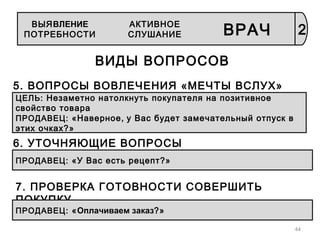 44
ВИДЫ ВОПРОСОВ
5. ВОПРОСЫ ВОВЛЕЧЕНИЯ «МЕЧТЫ ВСЛУХ»
ЦЕЛЬ: Незаметно натолкнуть покупателя на позитивное
свойство товара
ПРОДАВЕЦ: «Наверное, у Вас будет замечательный отпуск в
этих очках?»
6. УТОЧНЯЮЩИЕ ВОПРОСЫ
ПРОДАВЕЦ: «У Вас есть рецепт?»
7. ПРОВЕРКА ГОТОВНОСТИ СОВЕРШИТЬ
ПОКУПКУ
ПРОДАВЕЦ: «Оплачиваем заказ?»
2
АКТИВНОЕ
СЛУШАНИЕ ВРАЧ
ВЫЯВЛЕНИЕ
ПОТРЕБНОСТИ
 